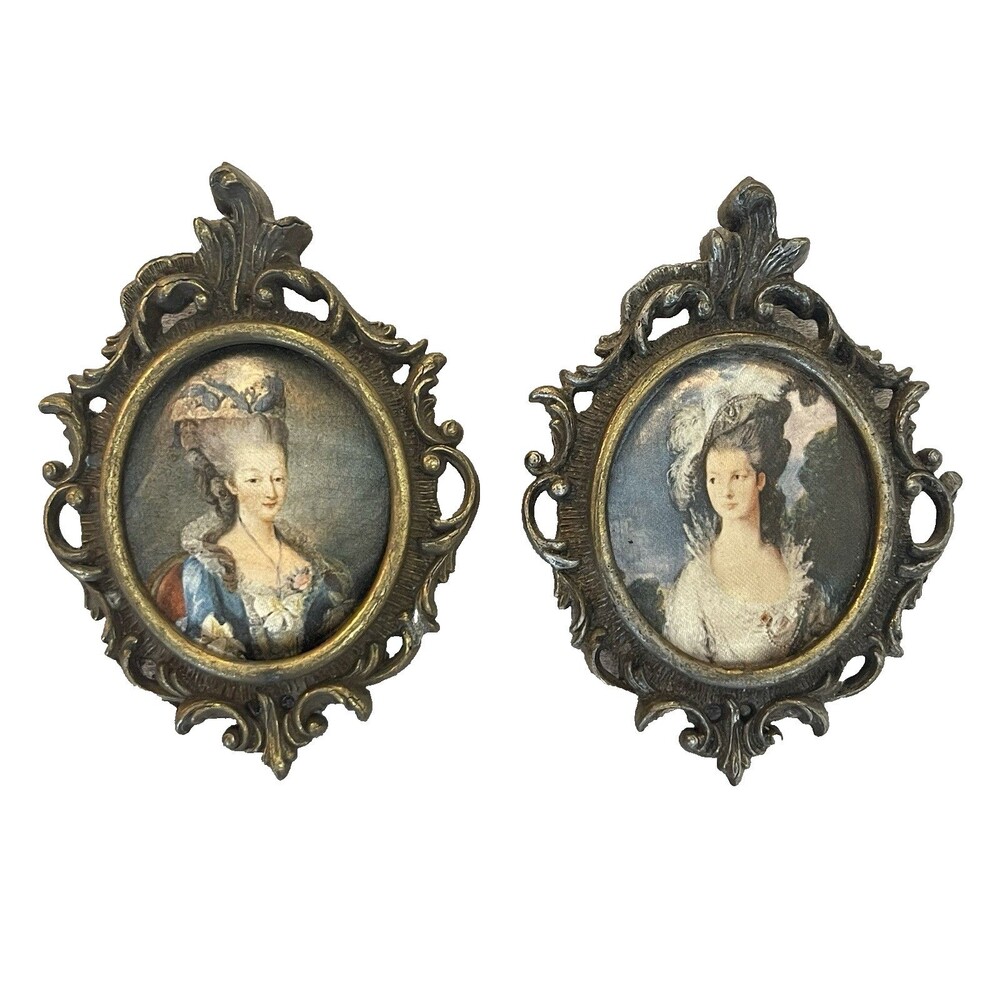 Pair Marie Antoinette Mini Portraits Silk Print Rococo Frame Italy VTG